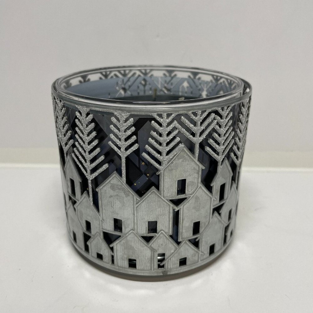 Bath & Body Works Galvanized Metal White Glitter Snow Village Candle Holder